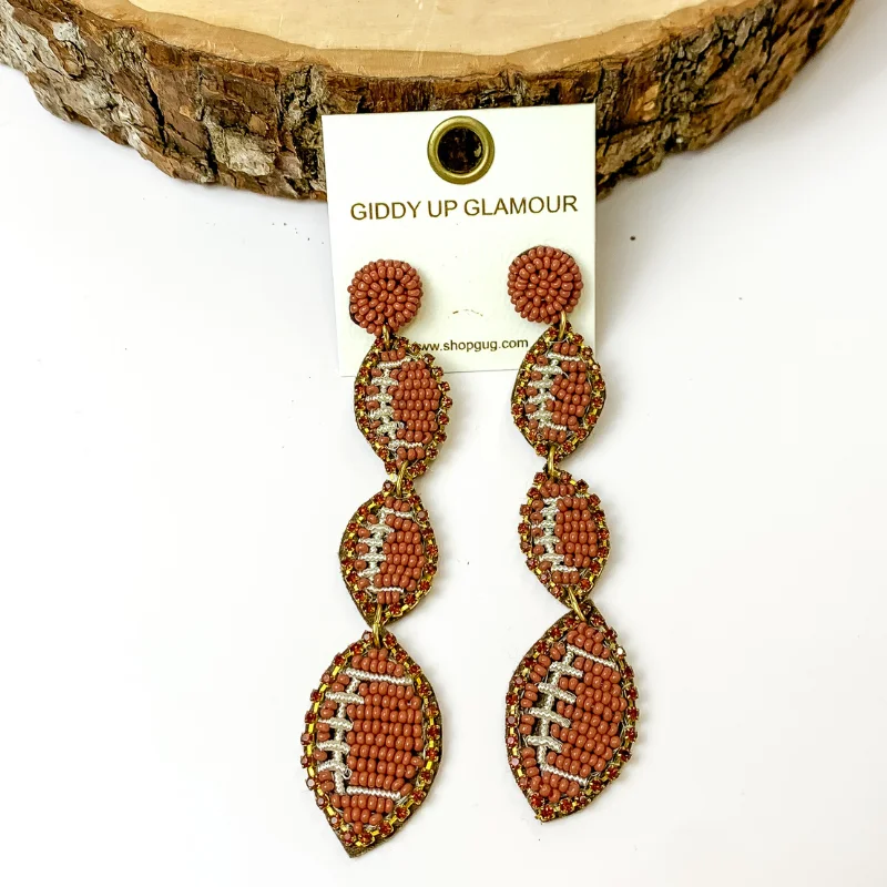 Stud Earrings for Women-Three Tiered Football Beaded Post Back Earrings in Brown