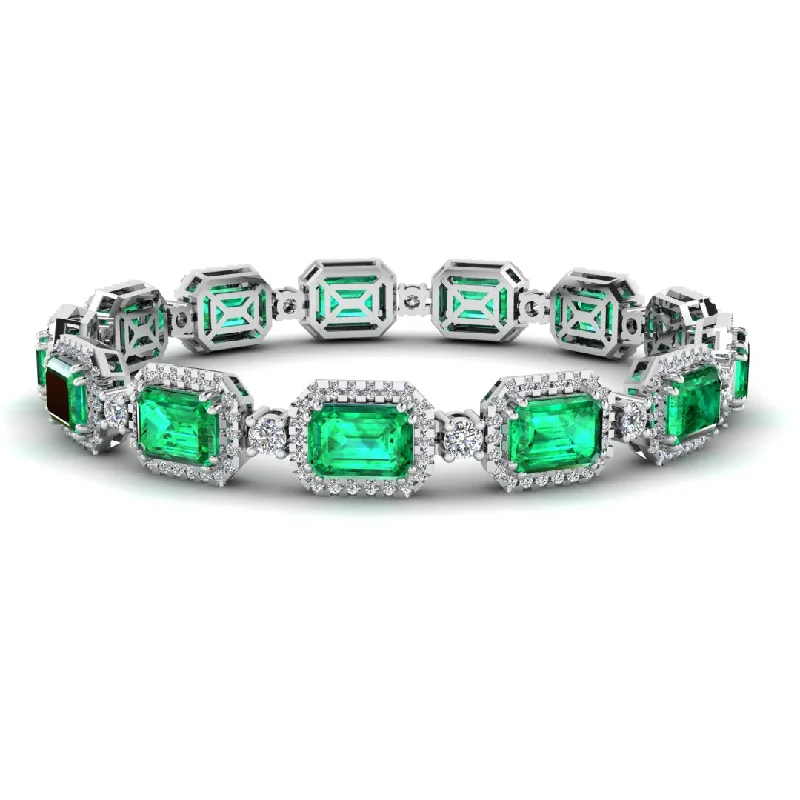 Luxury Adjustable Bracelet for Women-Emerald Shape 14 Carat Emerald Gem Center Featuring Diamond Halo Bracelet BRHAEME