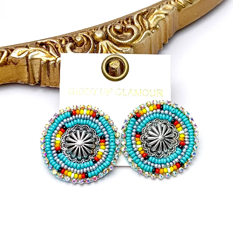 Cute Stud Earrings for Teenagers-Frontier Flair Concho Seed Beaded Stud Earrings in Turquoise