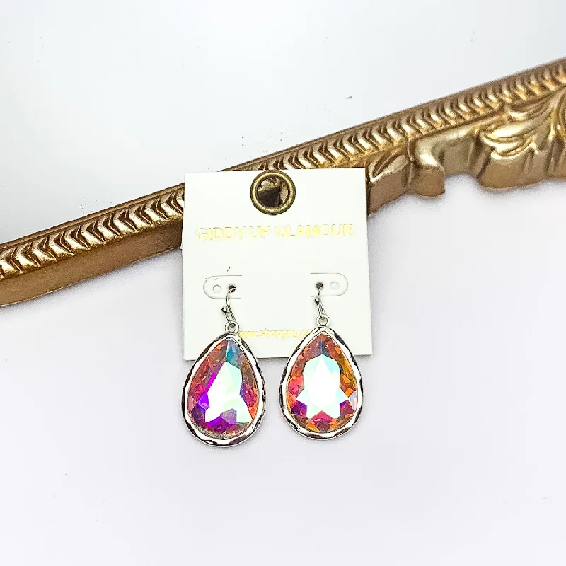 Retro Earrings for Women-Silver Tone Large Teardrop Earrings With AB Crystals