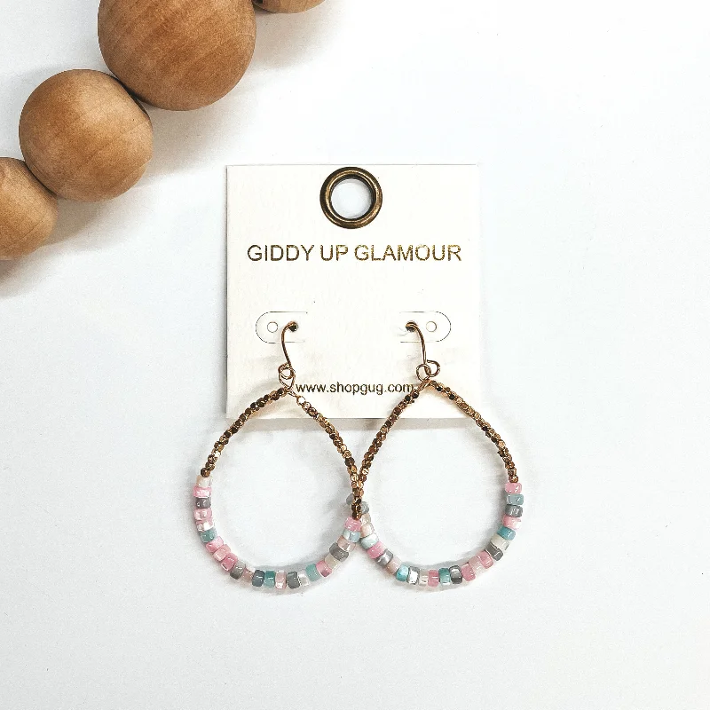 Designer Earrings for Special Occasions-Seas the Moment Teardrop Earrings with Gold and Mother of Pearl Beads in Multicolor