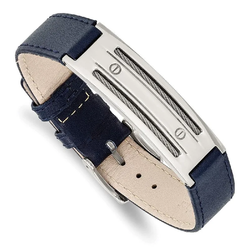 Leather and Metal Bracelet-Stainless Steel Blue Leather w/Wire Adjustable Buckle Bracelet