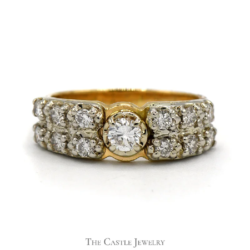 Personalized Wedding Ring-1cttw Round Diamond Solitaire with Double Row of Diamond Accents in 14k Yellow Gold