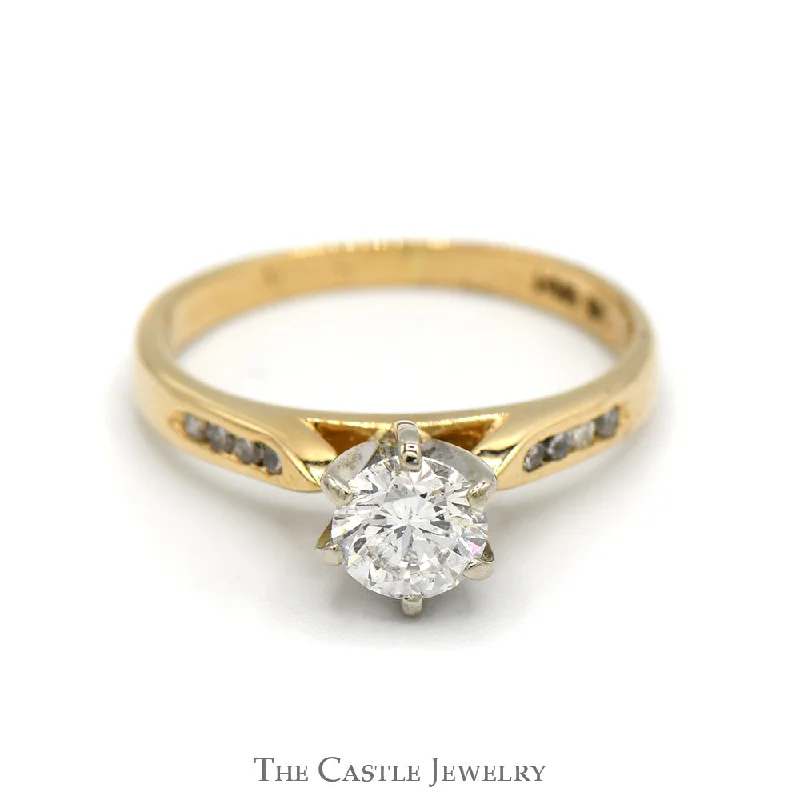 Simple Wedding Ring-Round Brilliant Cut Diamond Solitaire Engagement Ring with Channel Set Accents in 14k Yellow Gold