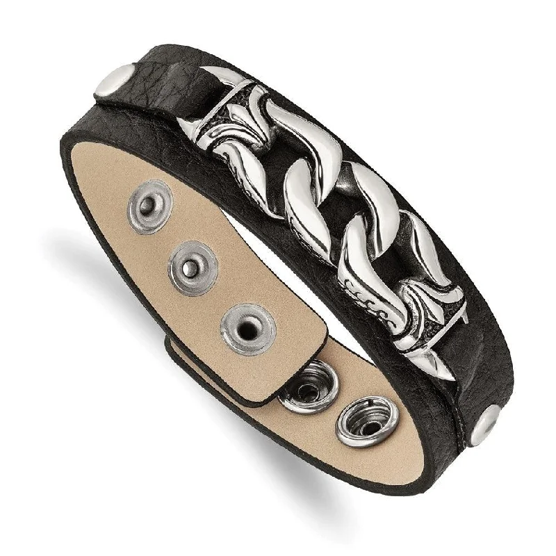 Personalized Leather Bracelet-Stainless Steel Black Leather w/Antiqued Chain 8.5in Bracelet