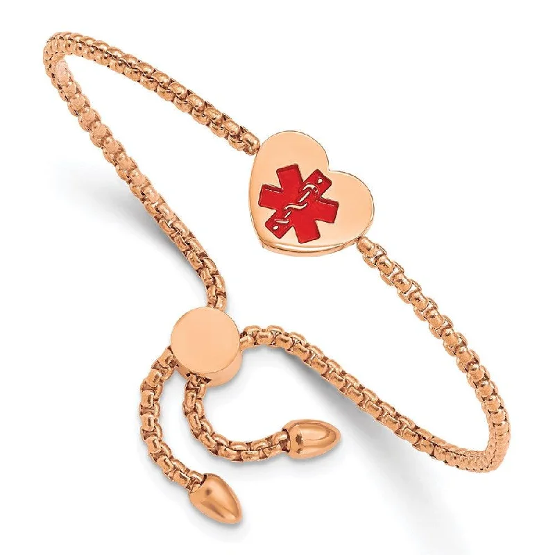 Rose Gold Bangle Bracelet for Brides-Stainless Steel Polished Rose IP/Red Enamel Heart Medical ID Adj. Bracelet