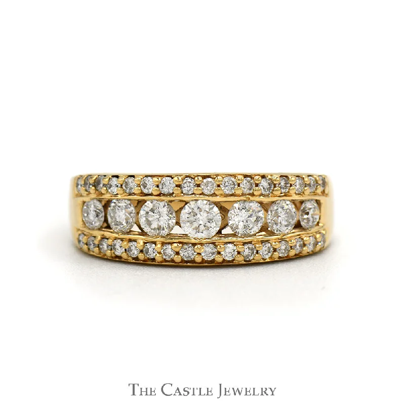 Elegant Gold Engagement Ring-1cttw 3 Row Round Diamond Anniversary Band in 14k Yellow Gold