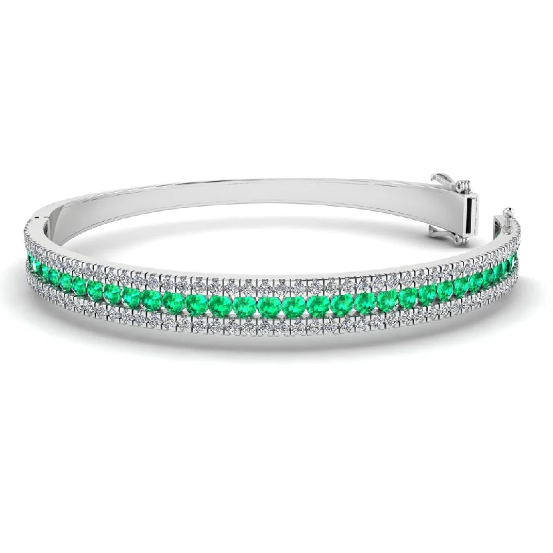 Sparkling Gold Bracelet for Women-Round Brilliant 4.05 Carat Emerald and Diamond 3 Rows Bangle BAN1E