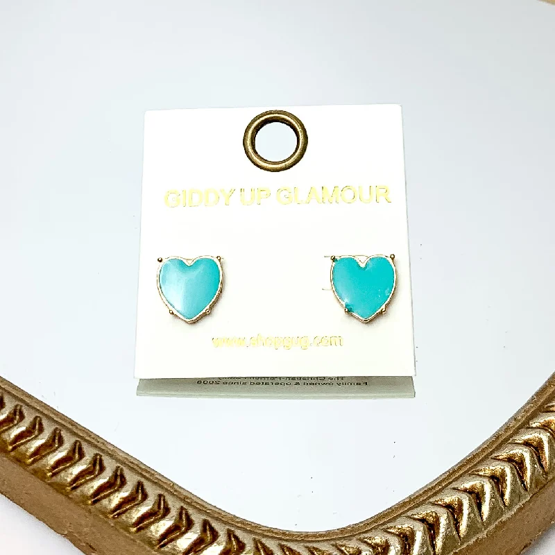 Geometric Drop Earrings-Gold Tone Heart Stud Earrings in Turquoise