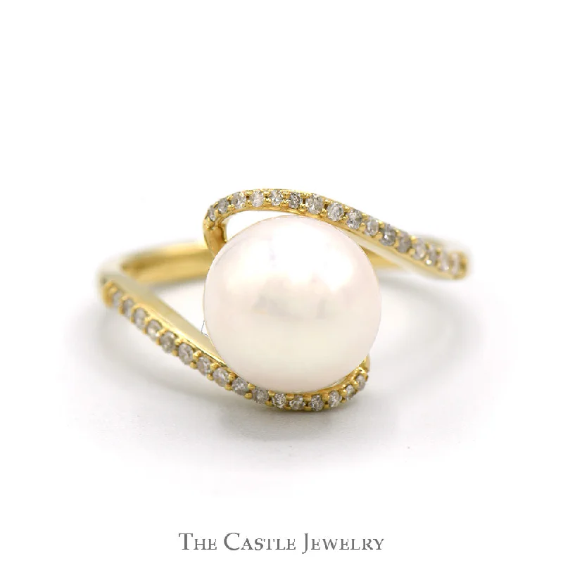 Vintage Silver Ring-White Pearl Bypass Ring with Diamond Accented Sides in 10k Yellow Gold