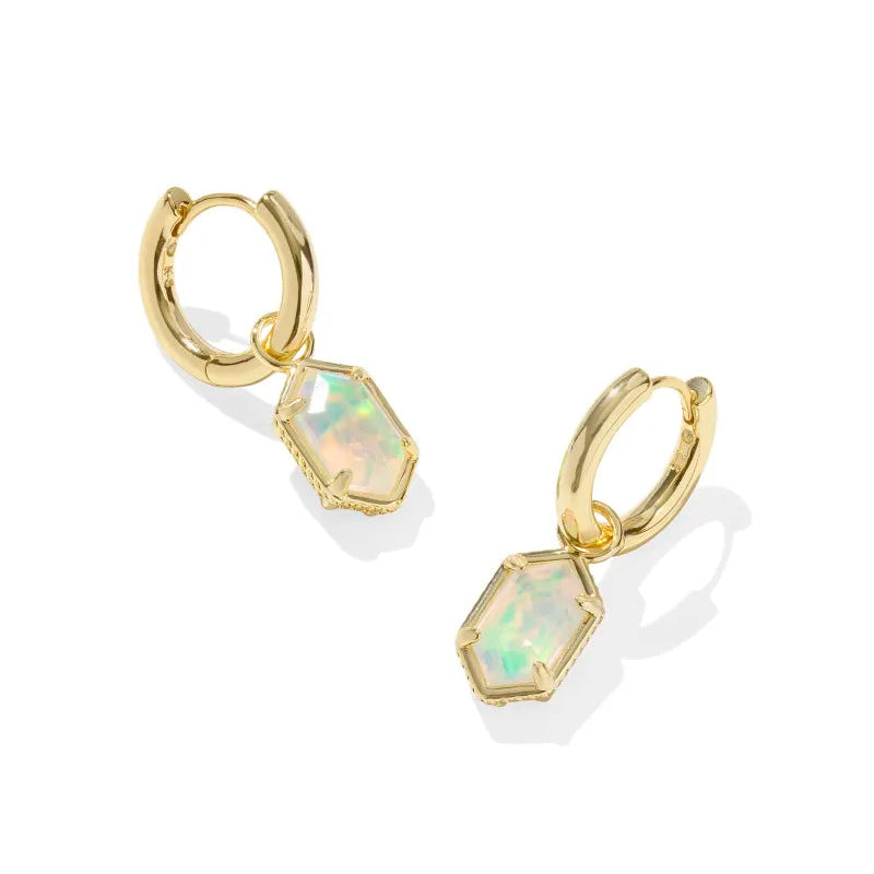 Stylish Dangle Earrings-Kendra Scott | Hallie Gold Huggie Earrings in White Opalescent Resin