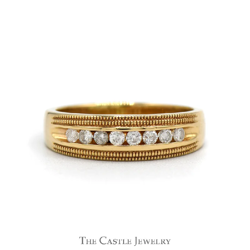 Beautiful Gold Wedding Band-1/4cttw Round Channel Set 8 Diamond Band with Milgrain Detail in 14k Yellow Gold