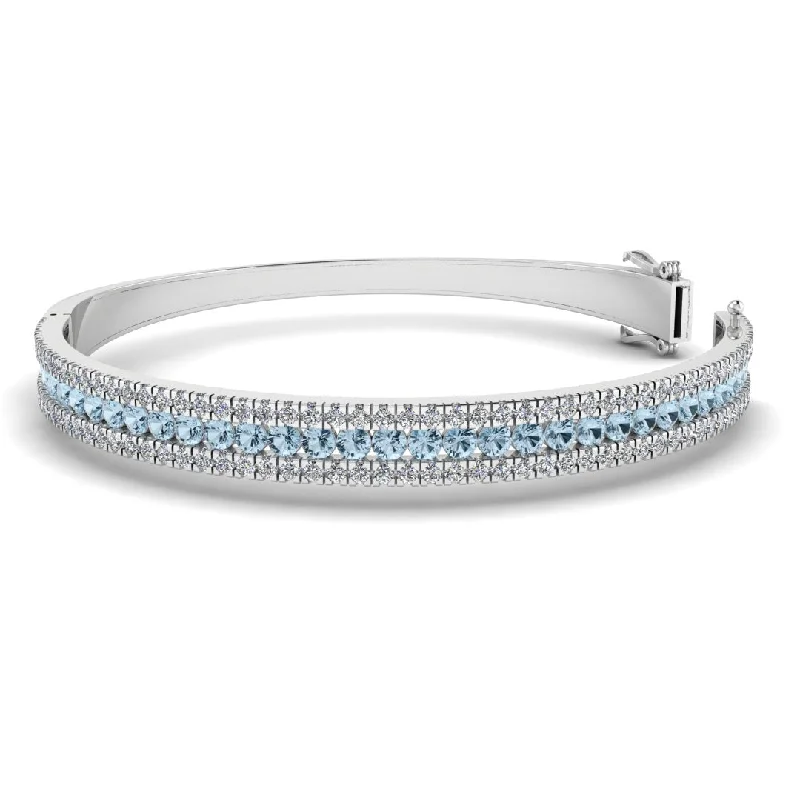 Silver Bracelet for Bridesmaids-Round Brilliant 4.05 Carat Aquamarine and Diamond 3 Rows Bangle BAN1A