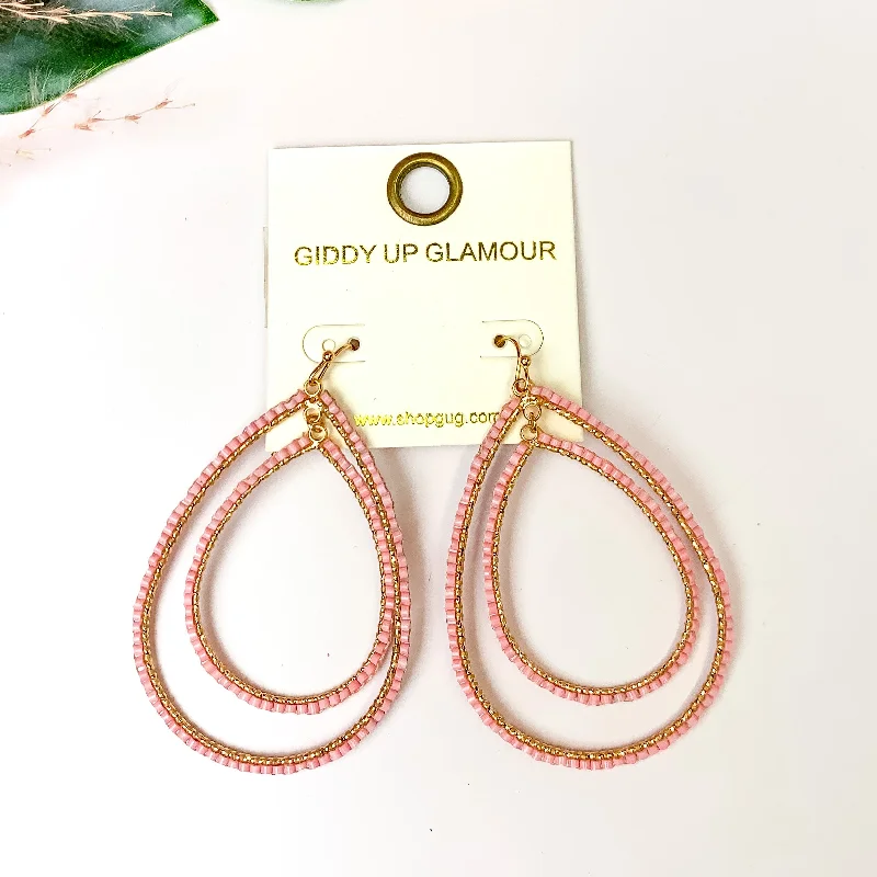 Statement Earrings for Weddings-Double Open Teardrop Gold Tone Earrings with Beaded Outline in Light Pink