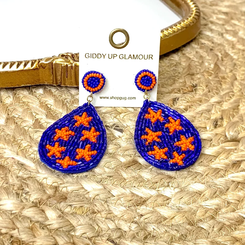 Gemstone Hoop Earrings-Beaded Teardrop Dangle Earrings with Stars in Blue and Orange