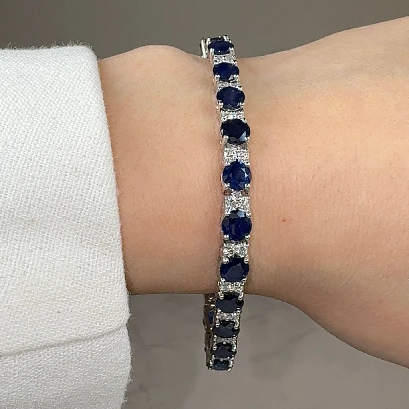 Simple Sterling Silver Bracelet-Round Brilliant Diamond and Sapphire 4 Claw Bracelet BRDS45345