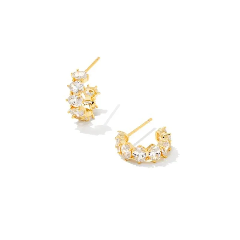 Vintage Earrings for Women-Kendra Scott | Cailin Gold Crystal Huggie Earrings in White Crystal