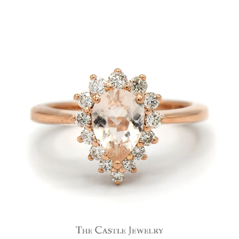 Antique Style Engagement Ring-Pear Cut Morganite Engagement Ring with Diamond Halo in 14k Rose Gold