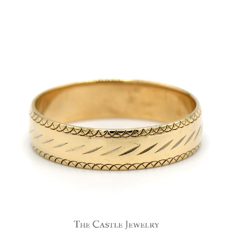 Minimalist Gold Ring-4.75mm Wedding Band with Diamond Cut and Half Circle Design in 10k Yellow Gold