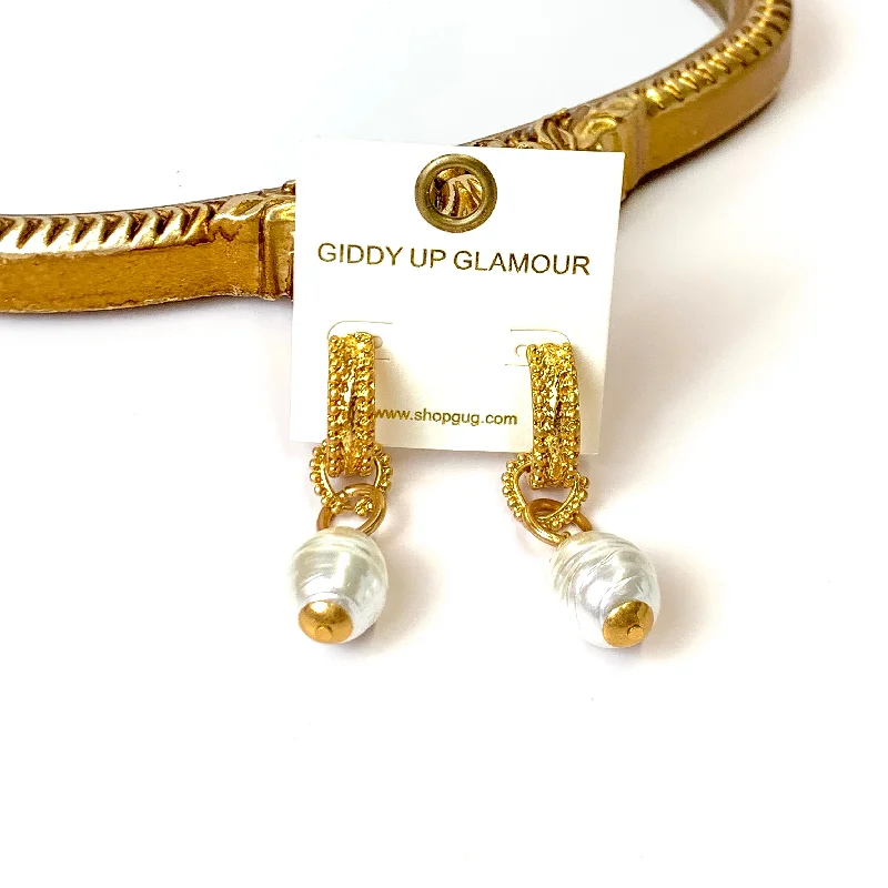 Bridal Earrings with Diamonds-Gold Tone Convertible Hoop Earrings with Pearl Pendants