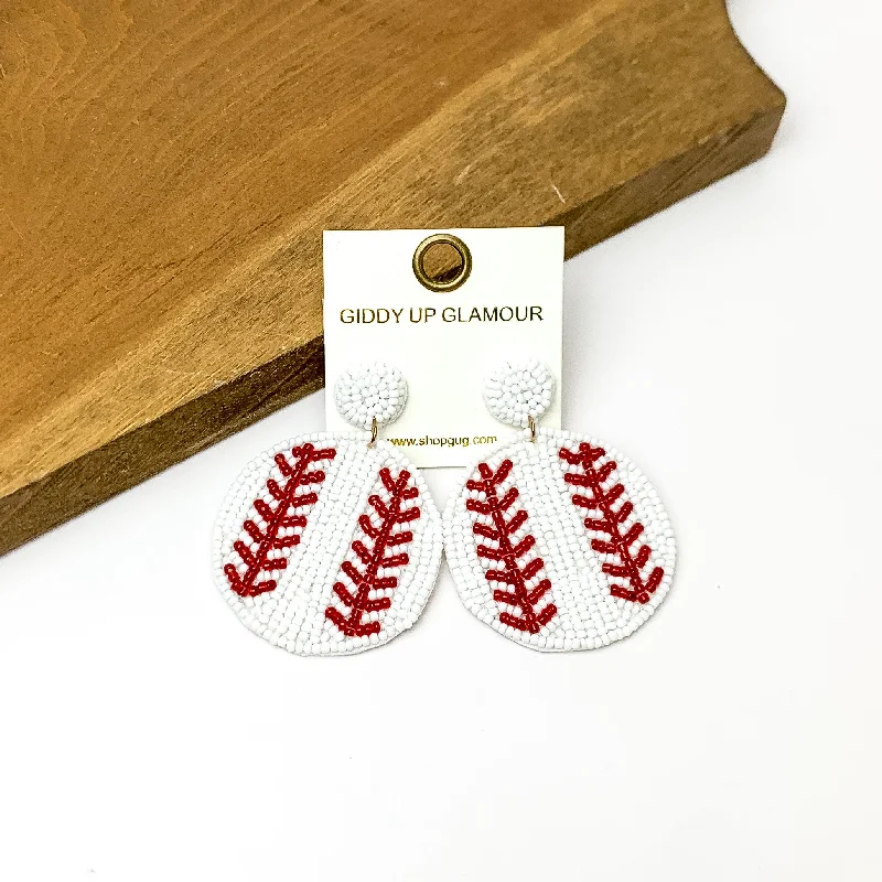 Stylish Hoop Earrings-Baseball Circular Beaded Earrings in White and Maroon