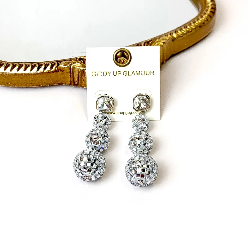 Designer Earrings for Women-Cushion Crystal Post Disco Ball Dangle Earrings in Silver Tone