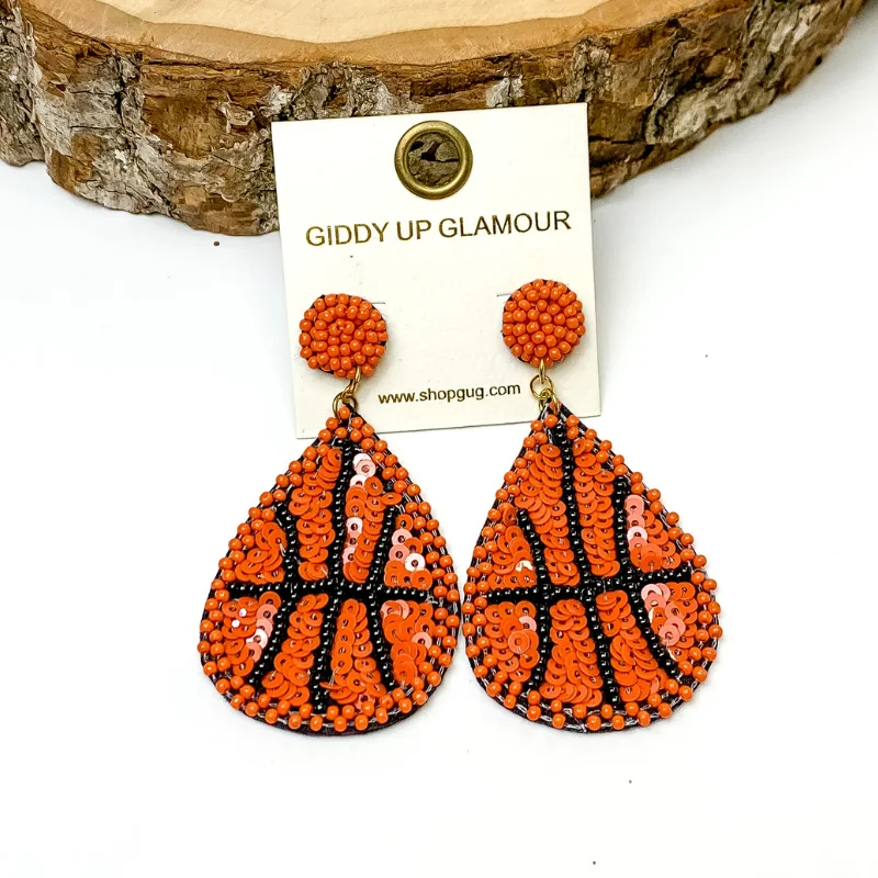 Colorful Stud Earrings-Sequin Teardrop Basketball Earrings in Orange