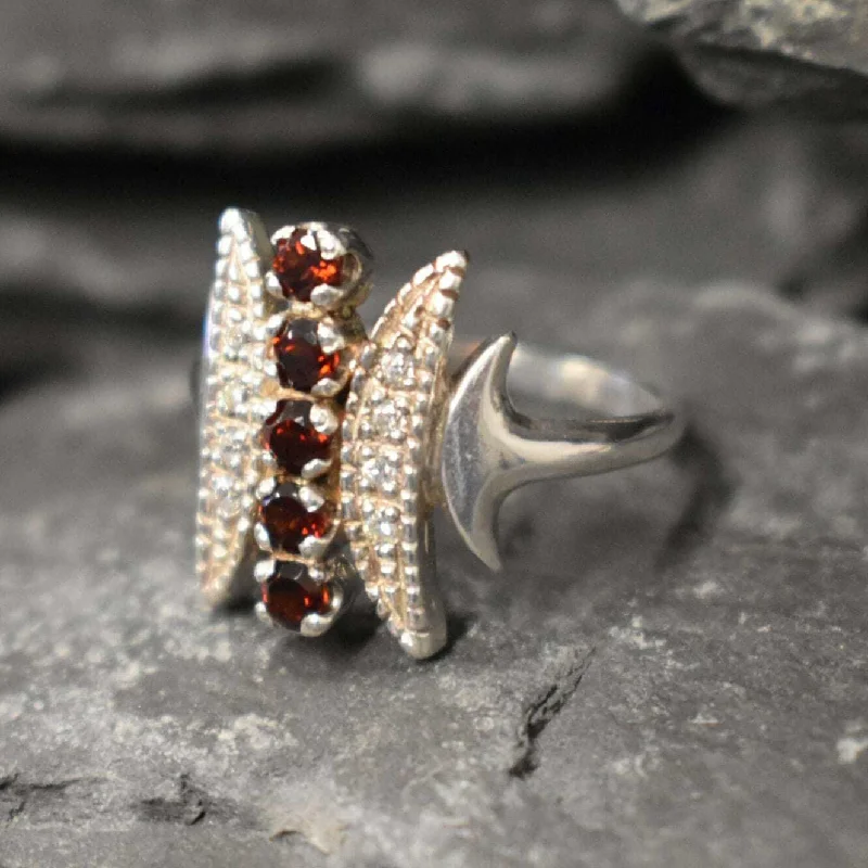 Diamond Wedding Ring Set-Garnet Statement Ring - Red Garnet Ring - Long Vintage Ring