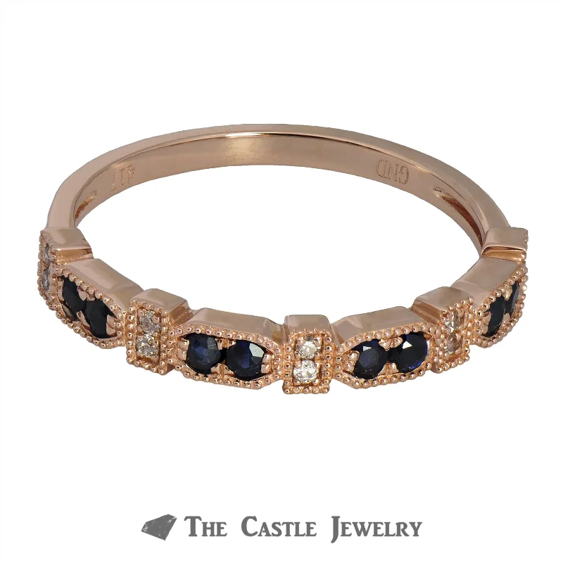 Classic Wedding Ring for Couples-Sapphire Stackable Ring with Diamonds & Beaded Edges 10K