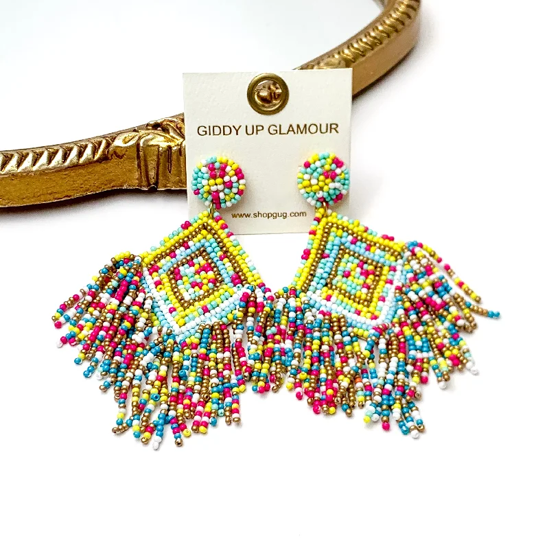 Luxury Earrings for Wedding-Diamond Shaped Seed Bead Earrings with Seed Bead Tassel Fringe in Multicolor