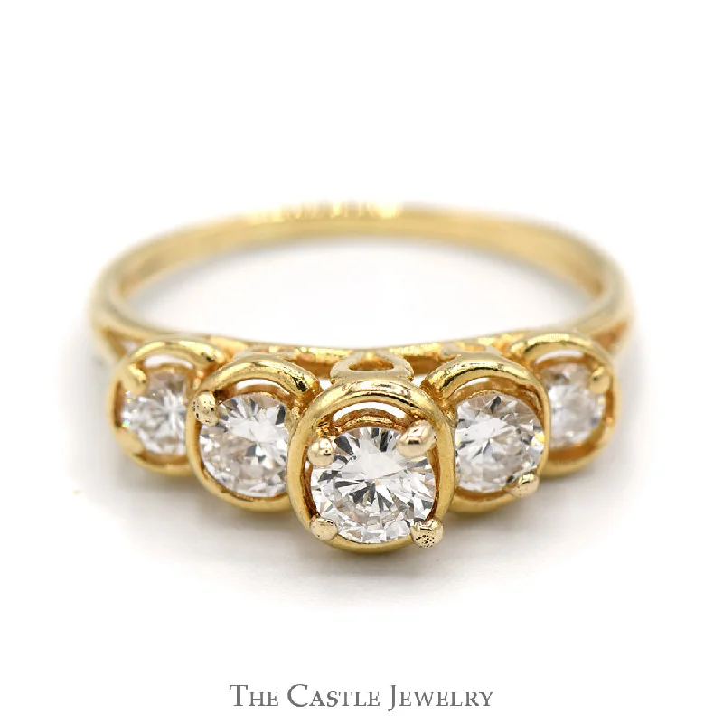 Wedding Ring Set with Diamonds-1cttw 5 Diamond Band with Open Tiered Bezel Design in 14k Yellow Gold