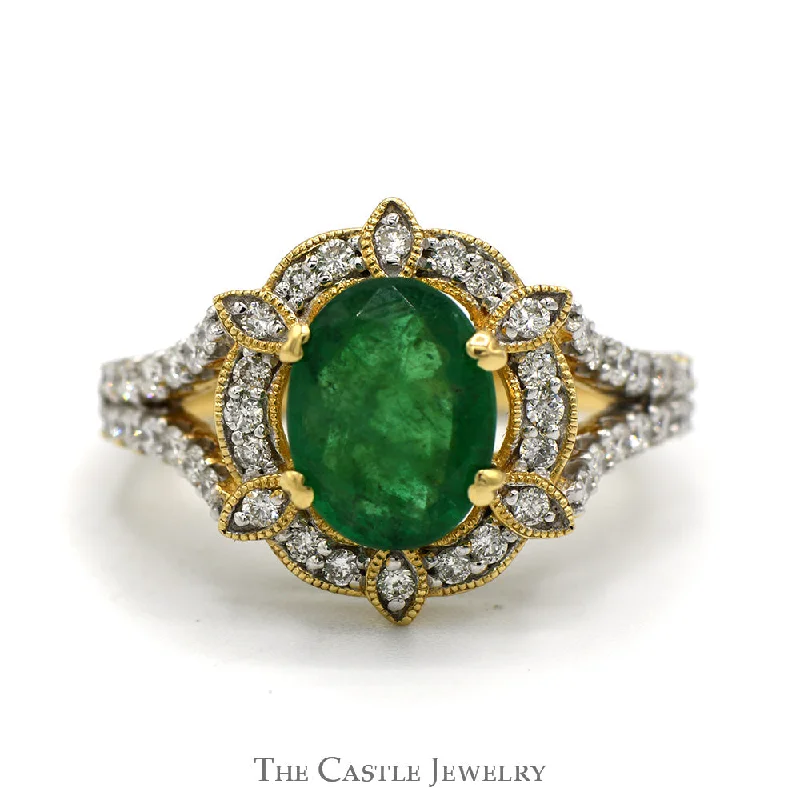 Unique Wedding Ring Set for Bride-2.25ct Oval Emerald Vintage Ring with Diamond Halo and Accented Split Shank Sides in 14k Yellow Gold