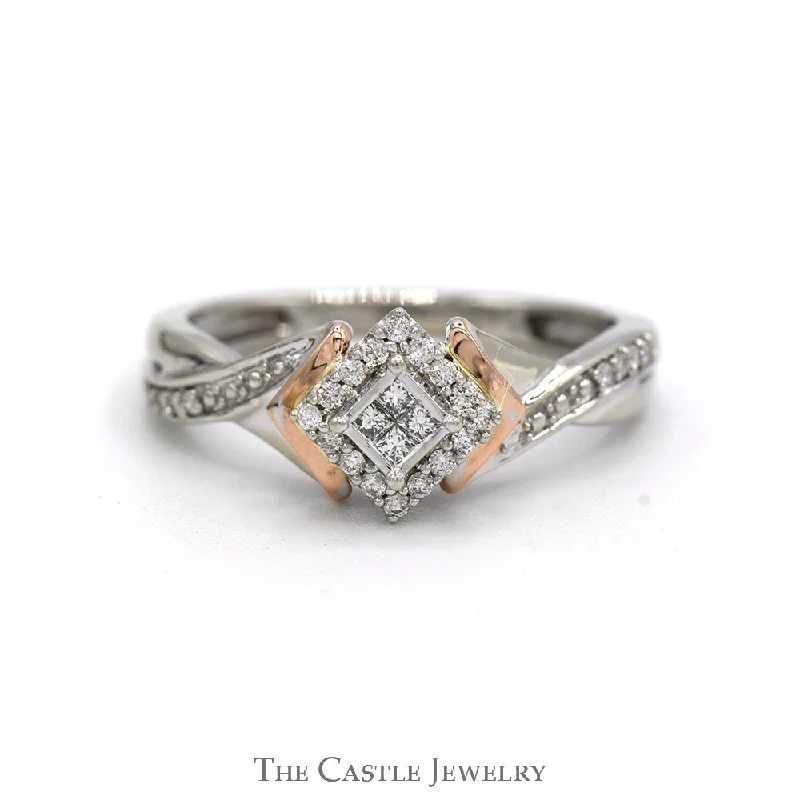 Custom Ring for Engagement-1/4cttw Princess Cut Invisi-set Diamond Cluster Ring with Accented Sides in Two Tone 10k White & Rose Gold