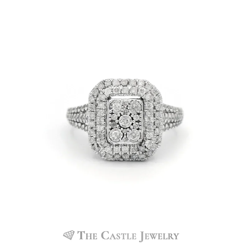 Stunning Engagement Ring-1cttw Diamond Cluster Ring with Double Halo & Accents in 10k White Gold