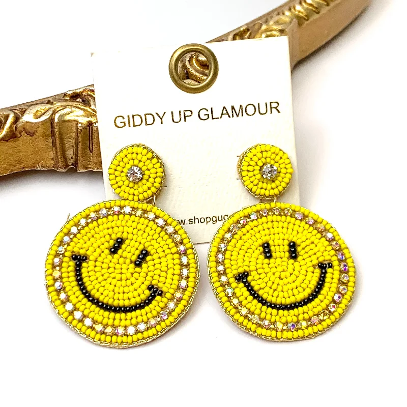 Customizable Earrings-Beaded Happy Face Circle Drop Earrings with Crystal Outline in Yellow