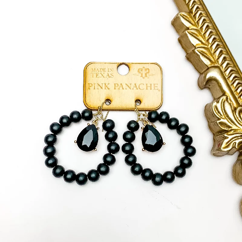 Small Hoop Earrings for Women-Pink Panache | Black Beaded Circle Drop Earrings with Black Teardrop Crystal Drop