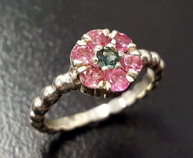 Personalized Diamond Engagement Ring-Pink Flower Ring - Pink Tourmaline Ring - Silver Bubble Band