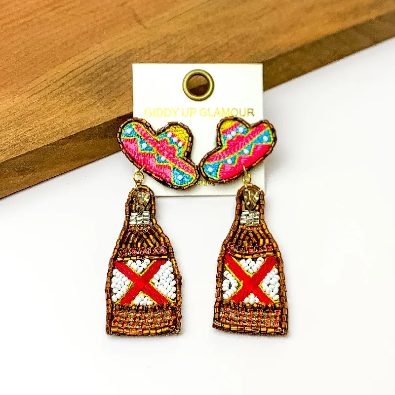 Colorful Stud Earrings-Beaded Gold Beer Bottle Earrings with Sombrero Studs