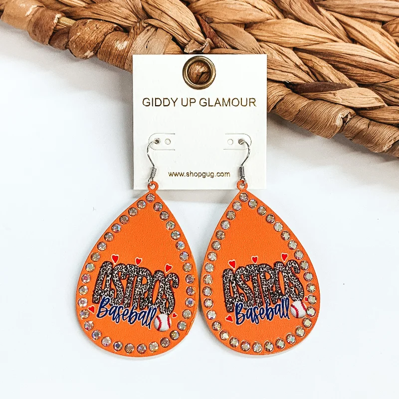 Gold Hoop Earrings-Leopard Astros Teardrop Earrings in Orange with AB Crystals