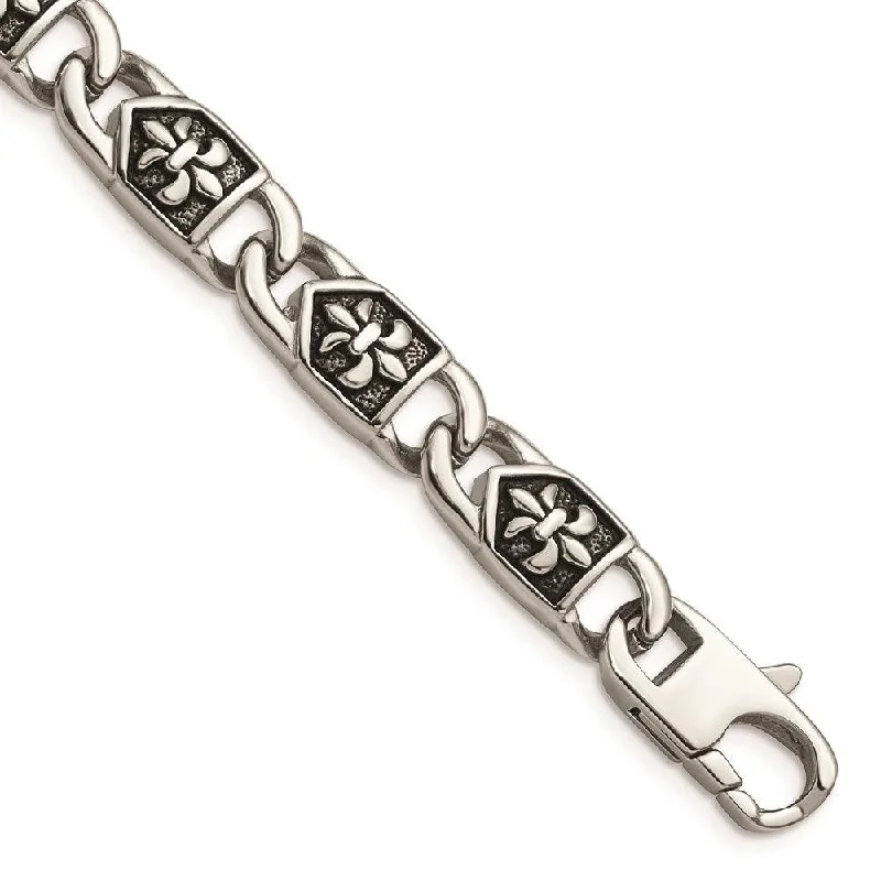 Bohemian Style Bracelet-Stainless Steel Polished/Antiqued Fleur de Lis Bracelet