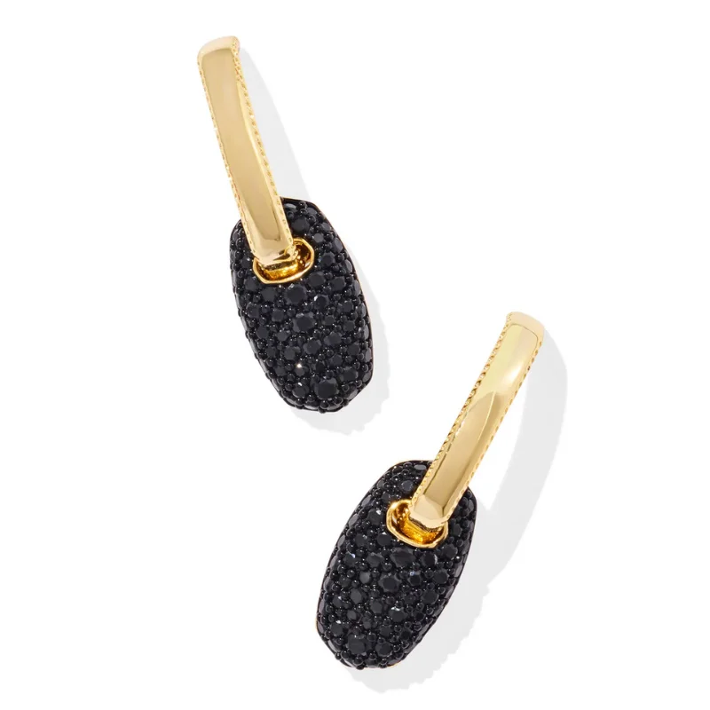 Wedding Earrings with Crystals-Kendra Scott | Bailey Pave Gold Huggie Earrings in Black Crystal