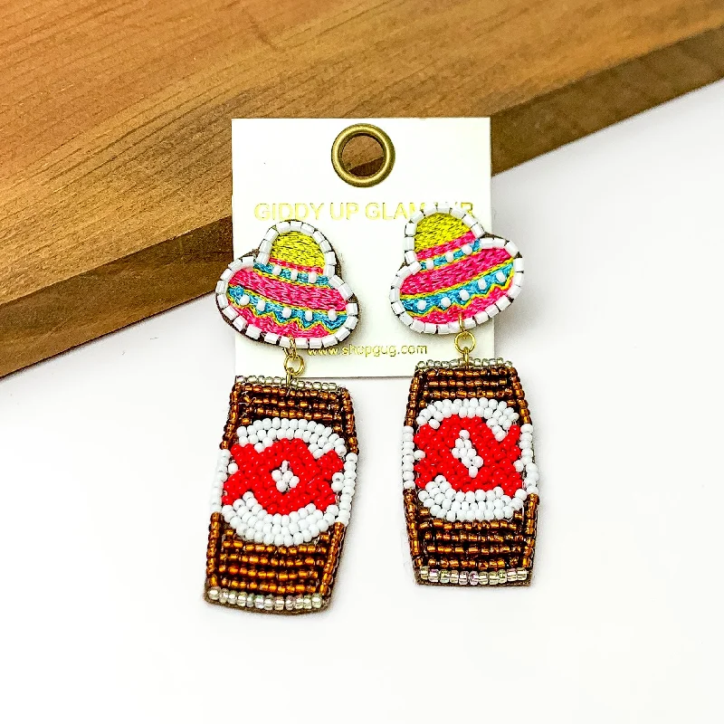 Customizable Earrings-Beaded Gold Beer Can Earrings with Sombrero Studs