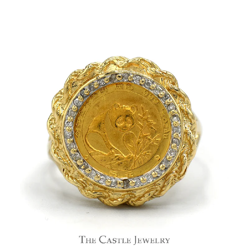 Silver Promise Ring-1988 Panda Coin Ring with Diamond Halo in 10k Yellow Gold Rope Designed Bezel Setting