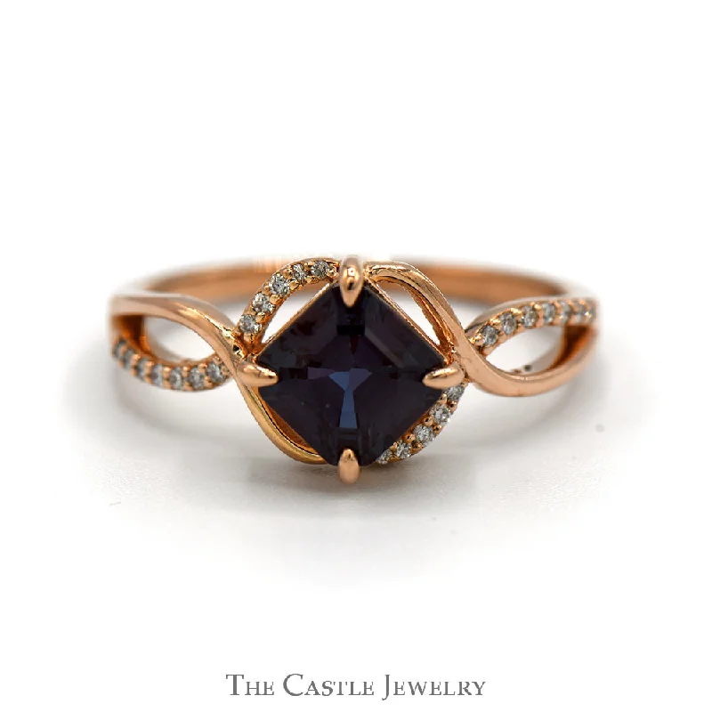 Men's Engagement Ring-Square Cut Alexandrite Ring with Diamond Accented Split Shank Sides in 14k Rose Gold