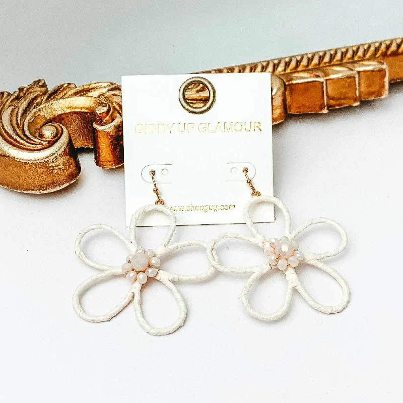 Fashion Earrings for Women-Daisy Delight Raffia Wrapped Flower Earrings with Crystal Center in Ivory