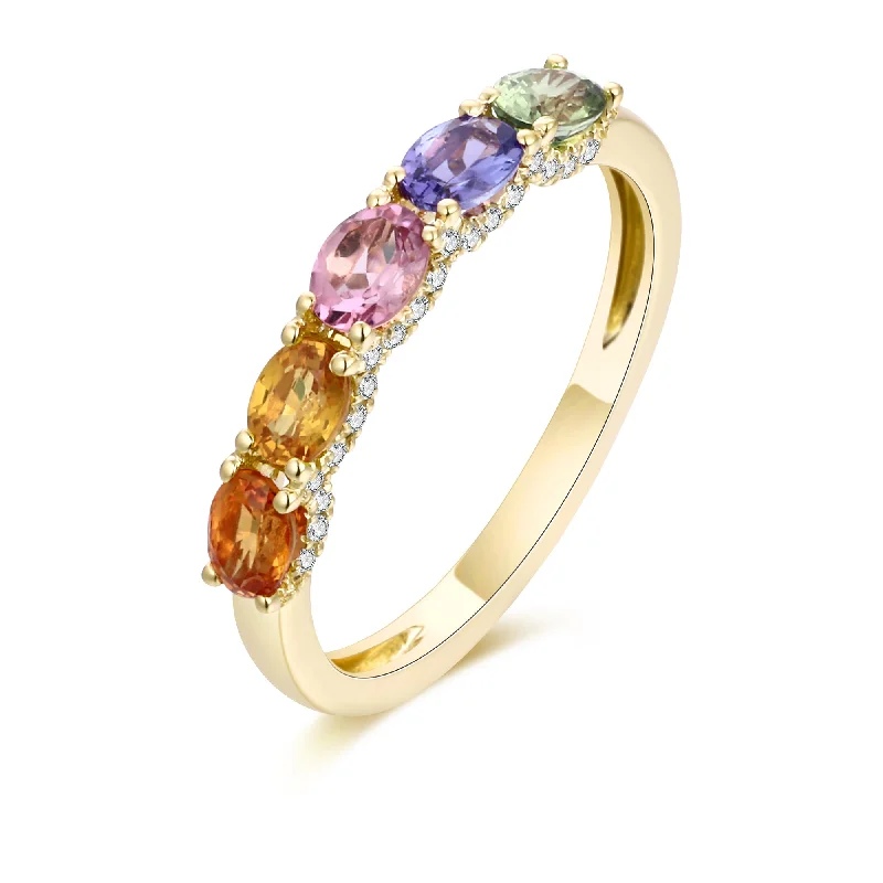 Trendy Gold Wedding Ring-Multi Sapphire and Diamond Ring