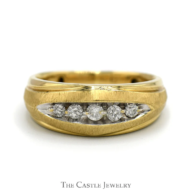 Wedding Rings for Couples-1/3cttw 5 Round Diamond Men's Band with Brush Textured Design in 10k Yellow Gold