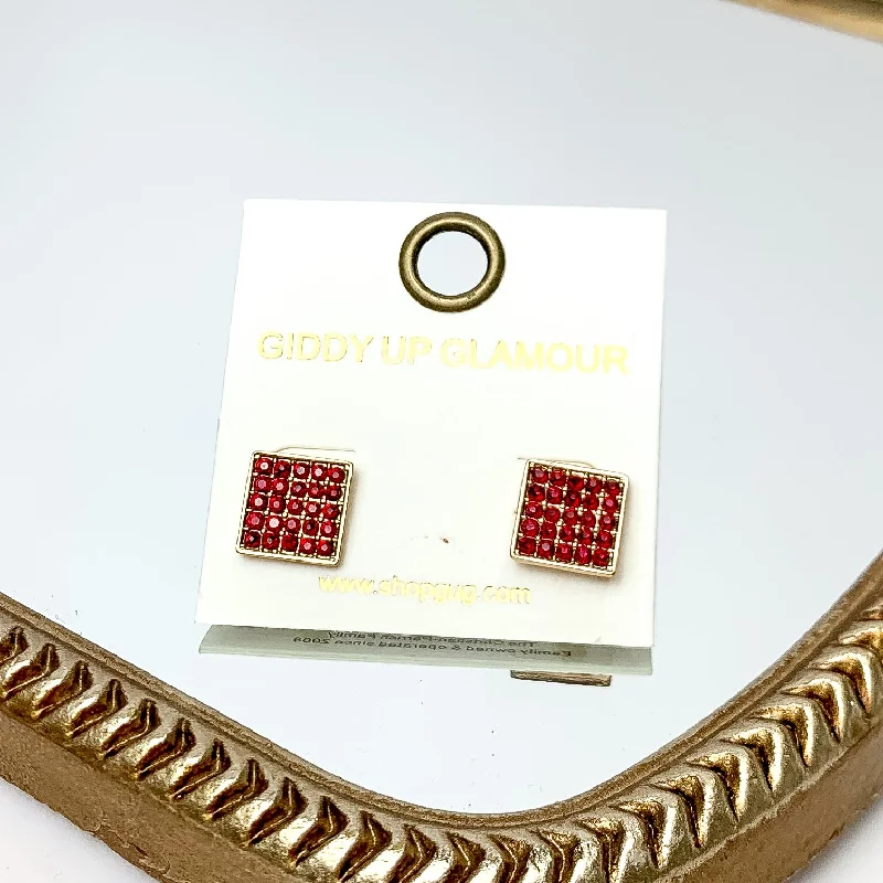 Crystal Earrings for Women-Square Maroon Crystal Stud Earrings in Gold Tone