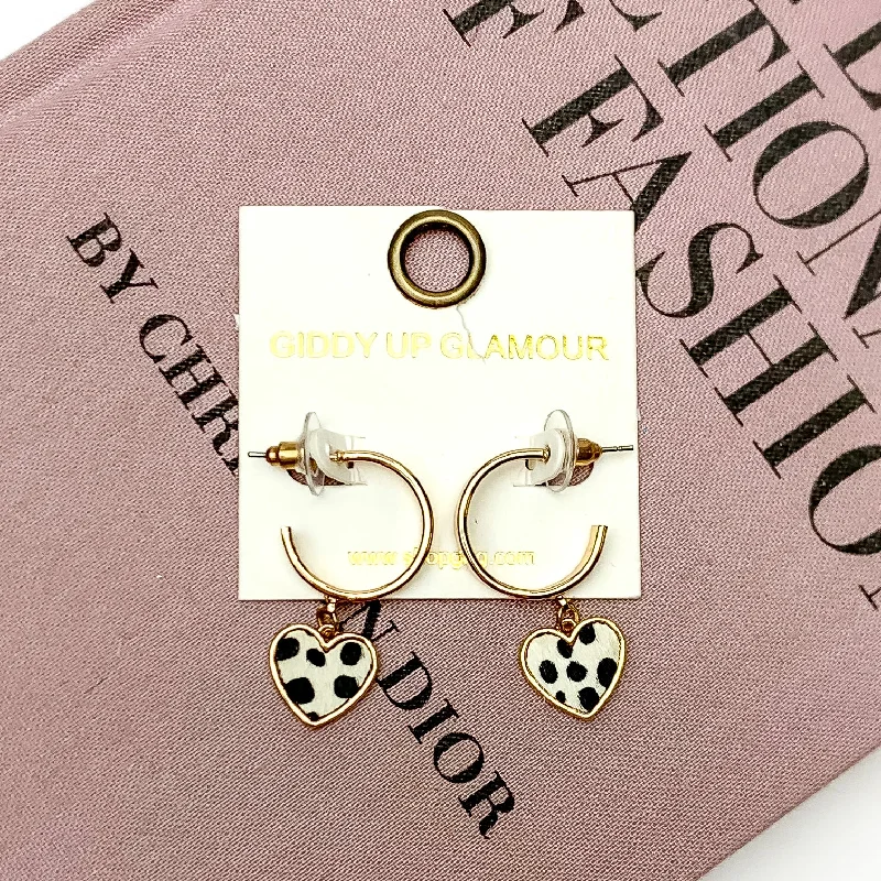 Large Drop Earrings for Weddings-Gold Tone Hoop Earrings with Heart Dangle in White Dotted Print