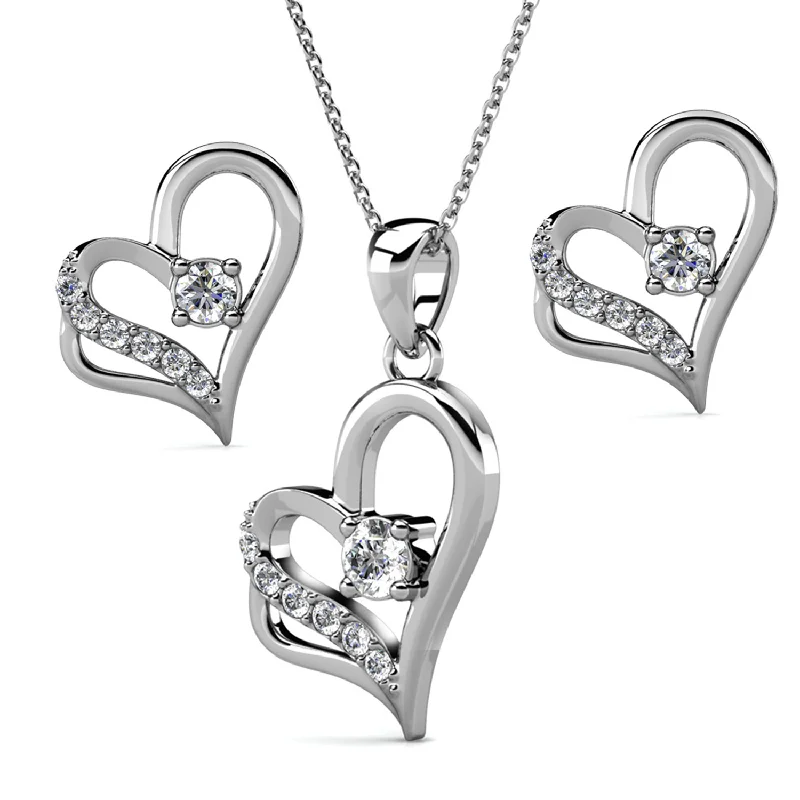 Trendy Wedding Necklace-Kara 18k White Gold Plated Silver Heart Necklace and Earring Set with Swarovski Crystals